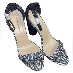 Justfabulous 8.5 women’s 4 inch heels- black and white color. NWOT